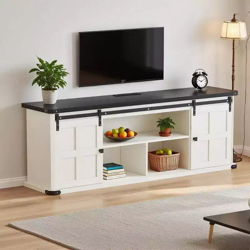 Meuble TV 70 po pour téléviseurs 75 po, centre de divertissement style ferme avec portes coulissantes de grange et armoires de rangement, table console TV média moderne