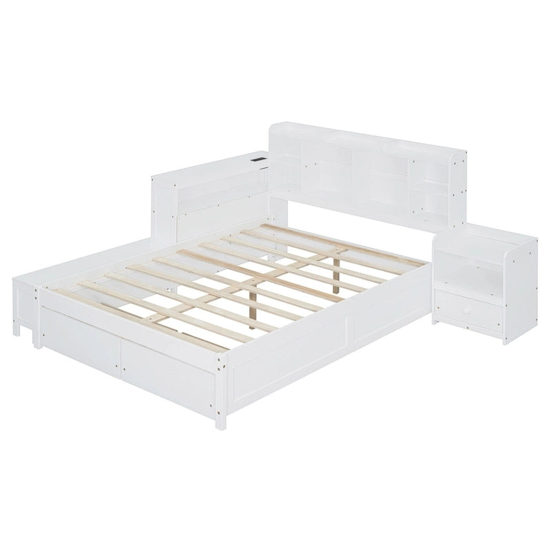 Full Size Wooden Platform Bed with Storage, Nightstand, Desk, USB Ports & 2 Drawers,White