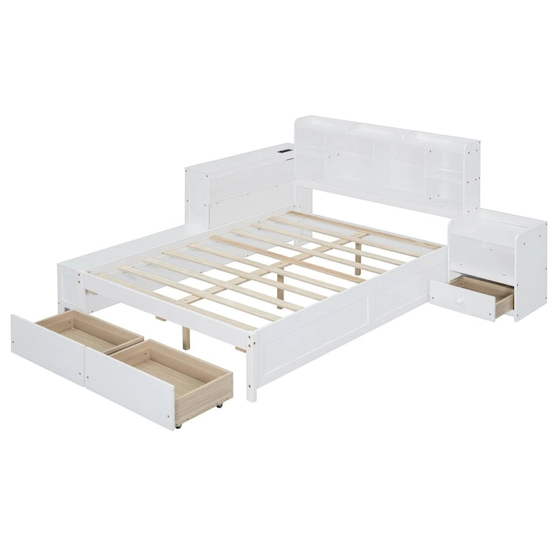 Full Size Wooden Platform Bed with Storage, Nightstand, Desk, USB Ports & 2 Drawers,White
