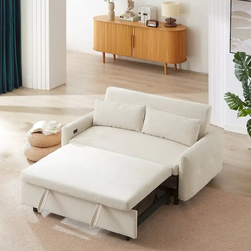 Pull-Out Sofa Bed Convertible 2-Seat Loveseat with Throw Pillows and USB Ports, Modern Sleeper Sofa, Beige