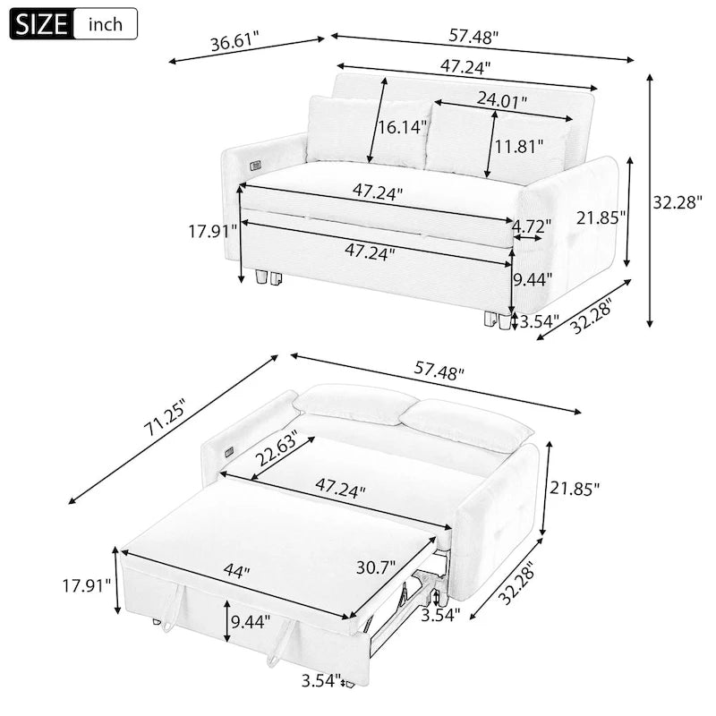 Pull-Out Sofa Bed Convertible 2-Seat Loveseat with Throw Pillows and USB Ports, Modern Sleeper Sofa, Beige