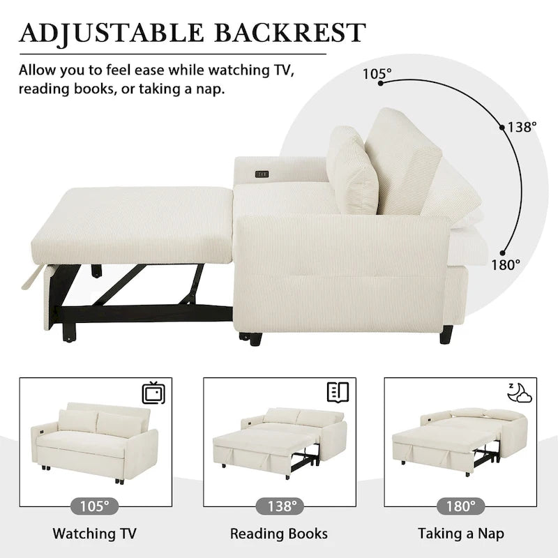 Pull-Out Sofa Bed Convertible 2-Seat Loveseat with Throw Pillows and USB Ports, Modern Sleeper Sofa, Beige