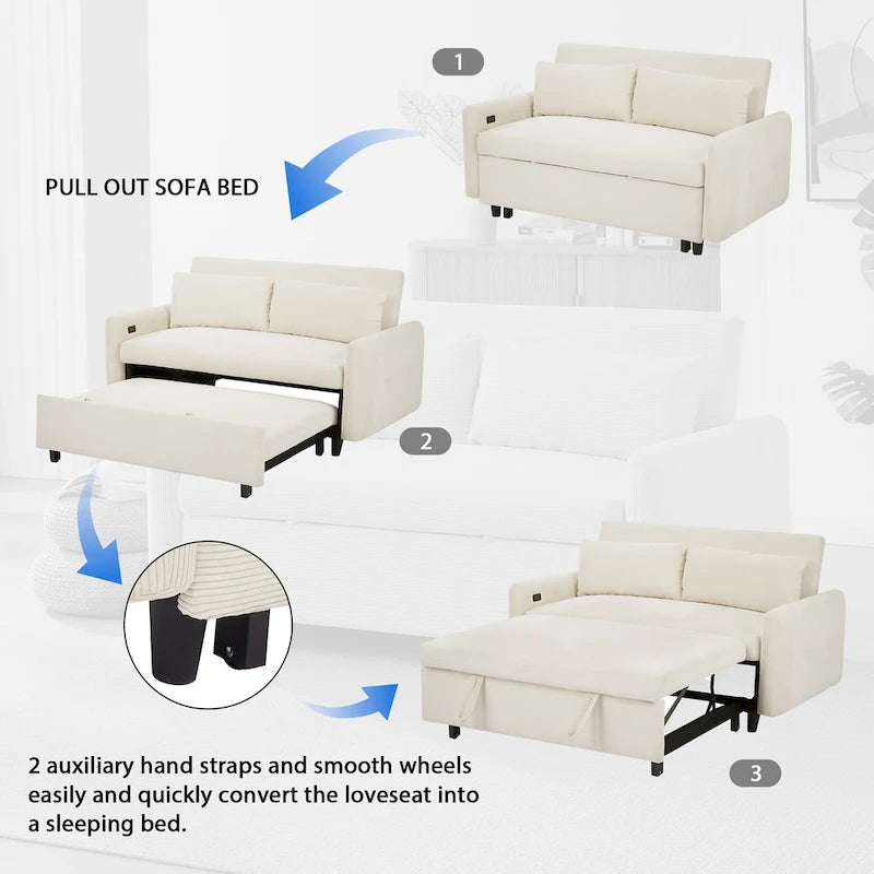 Pull-Out Sofa Bed Convertible 2-Seat Loveseat with Throw Pillows and USB Ports, Modern Sleeper Sofa, Beige