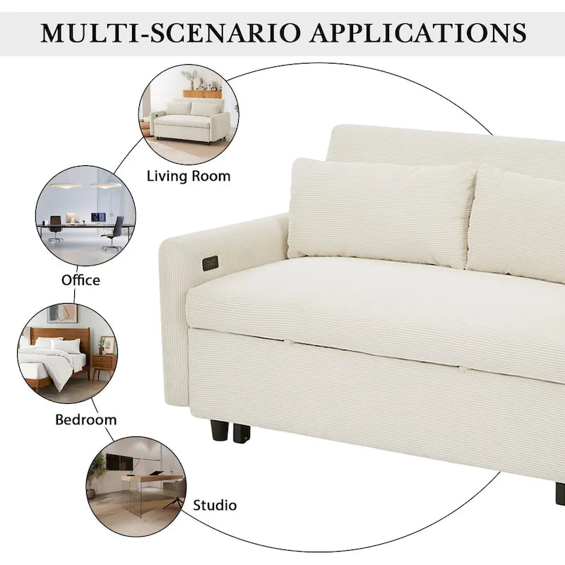 Pull-Out Sofa Bed Convertible 2-Seat Loveseat with Throw Pillows and USB Ports, Modern Sleeper Sofa, Beige