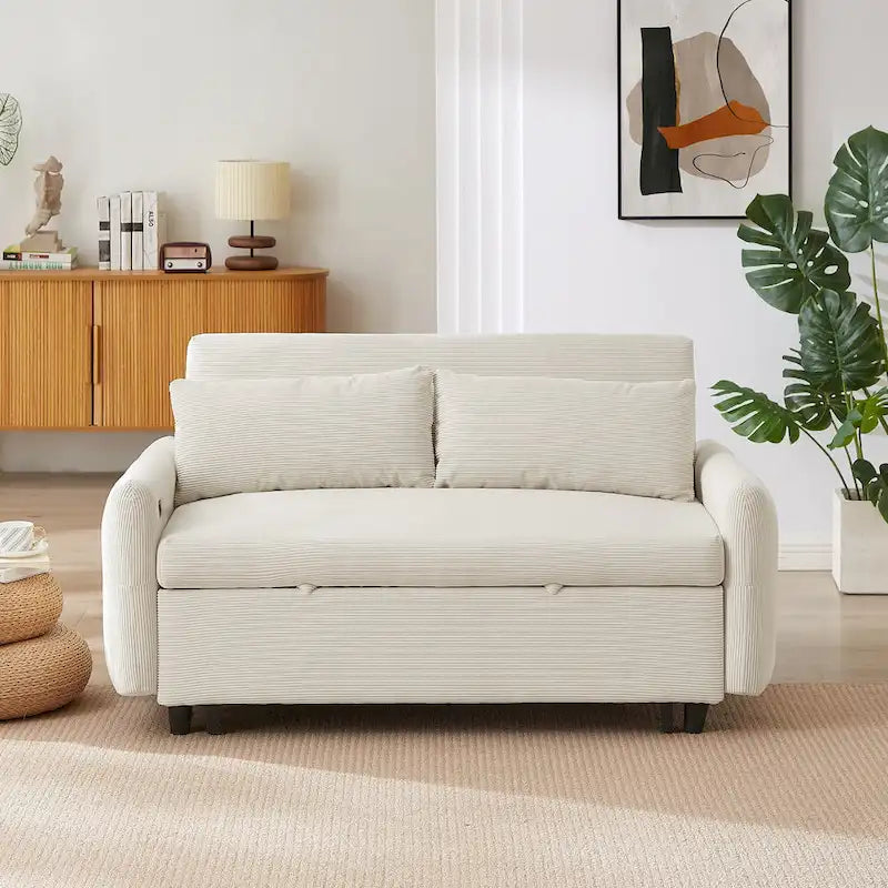 Pull-Out Sofa Bed Convertible 2-Seat Loveseat with Throw Pillows and USB Ports, Modern Sleeper Sofa, Beige