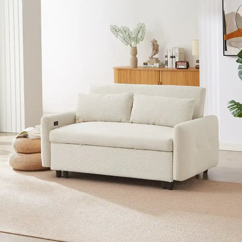 Pull-Out Sofa Bed Convertible 2-Seat Loveseat with Throw Pillows and USB Ports, Modern Sleeper Sofa, Beige