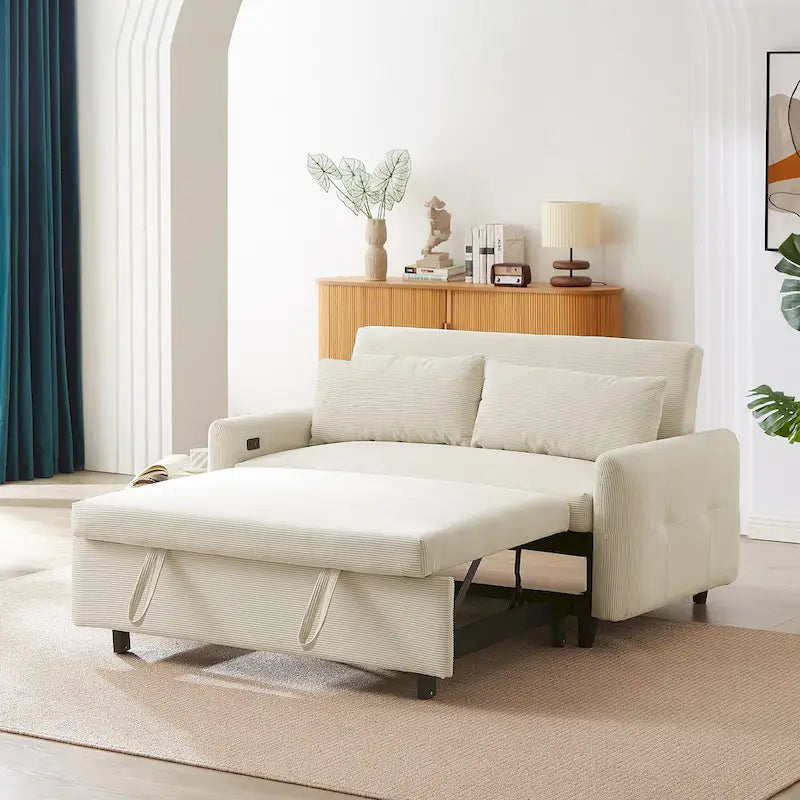 Pull-Out Sofa Bed Convertible 2-Seat Loveseat with Throw Pillows and USB Ports, Modern Sleeper Sofa, Beige