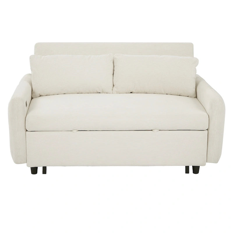Pull-Out Sofa Bed Convertible 2-Seat Loveseat with Throw Pillows and USB Ports, Modern Sleeper Sofa, Beige