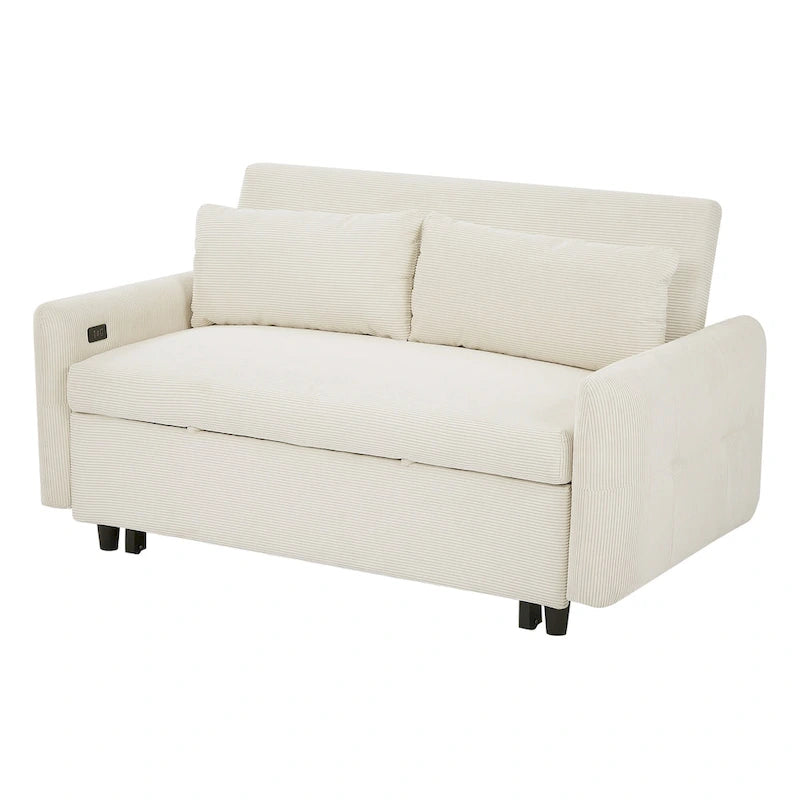 Pull-Out Sofa Bed Convertible 2-Seat Loveseat with Throw Pillows and USB Ports, Modern Sleeper Sofa, Beige