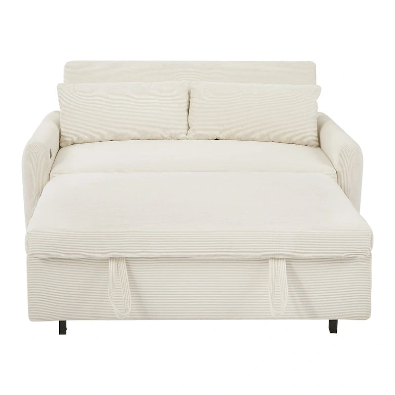 Pull-Out Sofa Bed Convertible 2-Seat Loveseat with Throw Pillows and USB Ports, Modern Sleeper Sofa, Beige