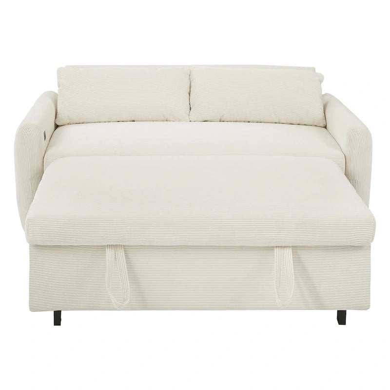 Pull-Out Sofa Bed Convertible 2-Seat Loveseat with Throw Pillows and USB Ports, Modern Sleeper Sofa, Beige