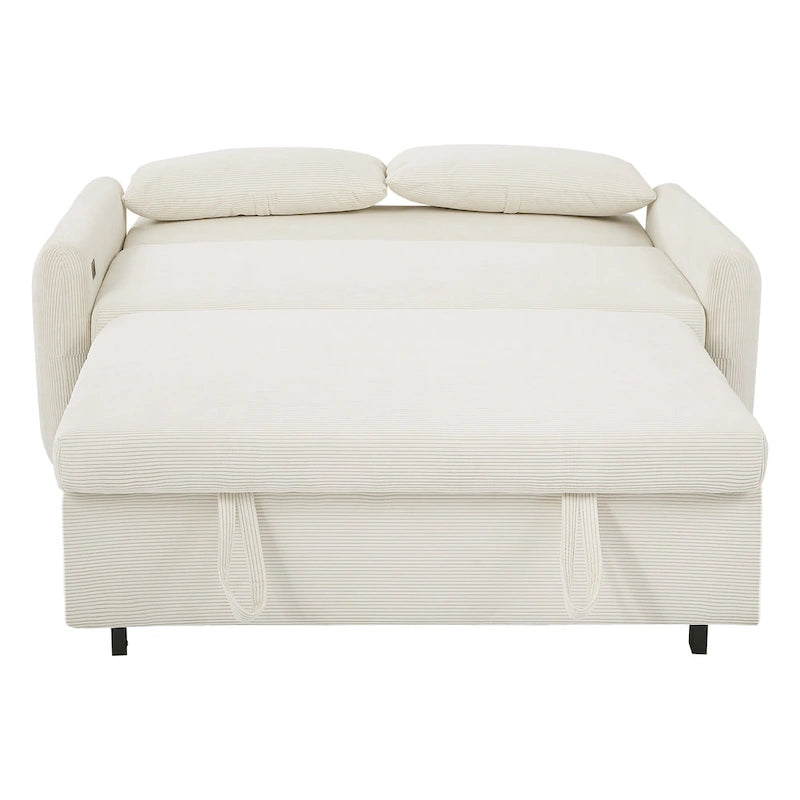 Pull-Out Sofa Bed Convertible 2-Seat Loveseat with Throw Pillows and USB Ports, Modern Sleeper Sofa, Beige
