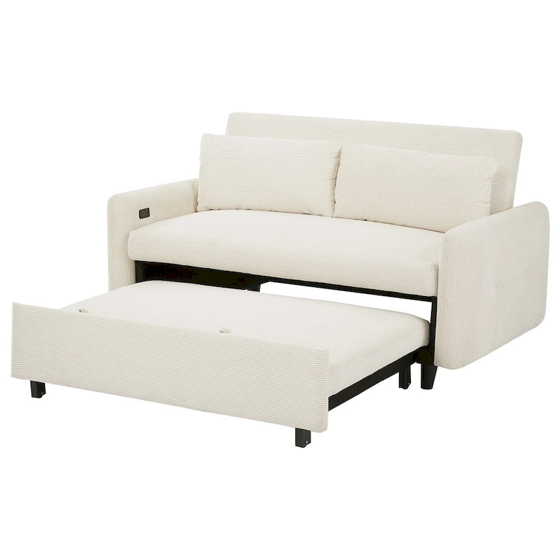 Pull-Out Sofa Bed Convertible 2-Seat Loveseat with Throw Pillows and USB Ports, Modern Sleeper Sofa, Beige