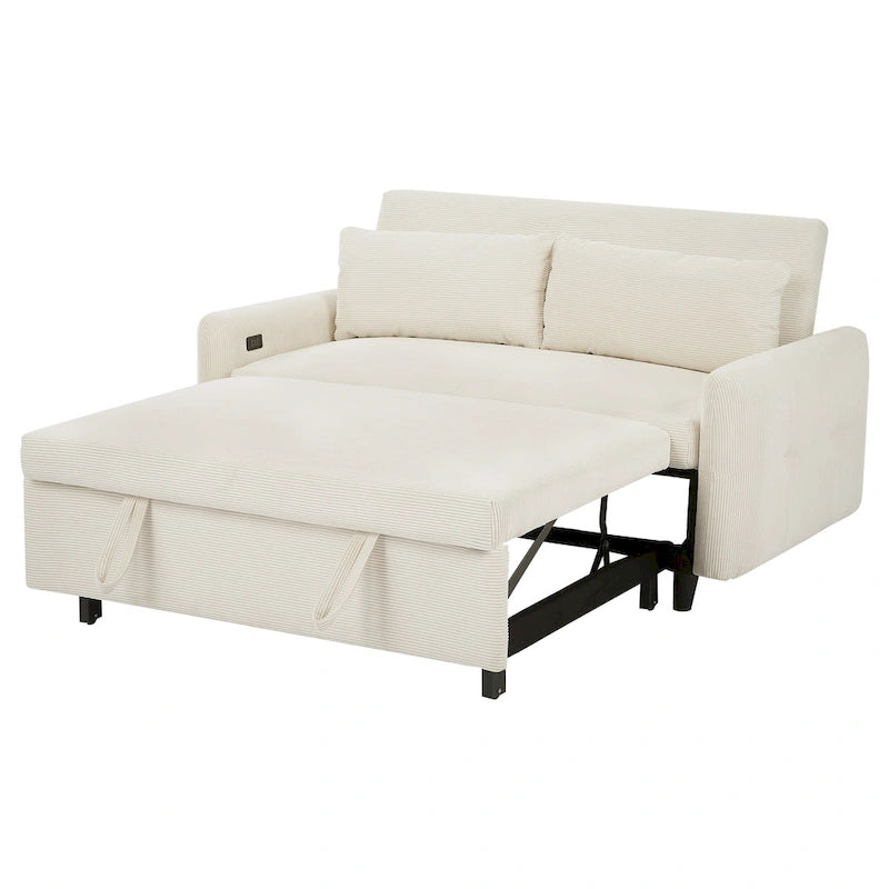 Pull-Out Sofa Bed Convertible 2-Seat Loveseat with Throw Pillows and USB Ports, Modern Sleeper Sofa, Beige