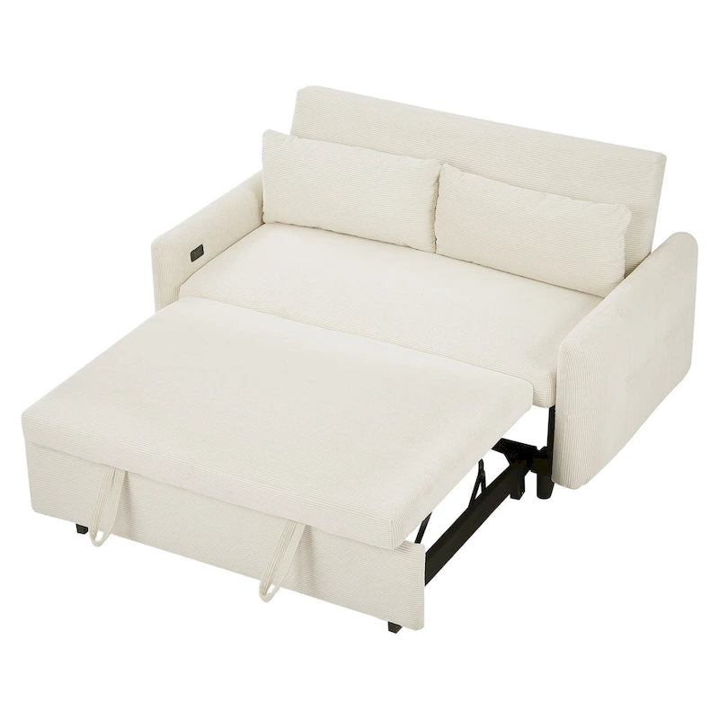 Pull-Out Sofa Bed Convertible 2-Seat Loveseat with Throw Pillows and USB Ports, Modern Sleeper Sofa, Beige
