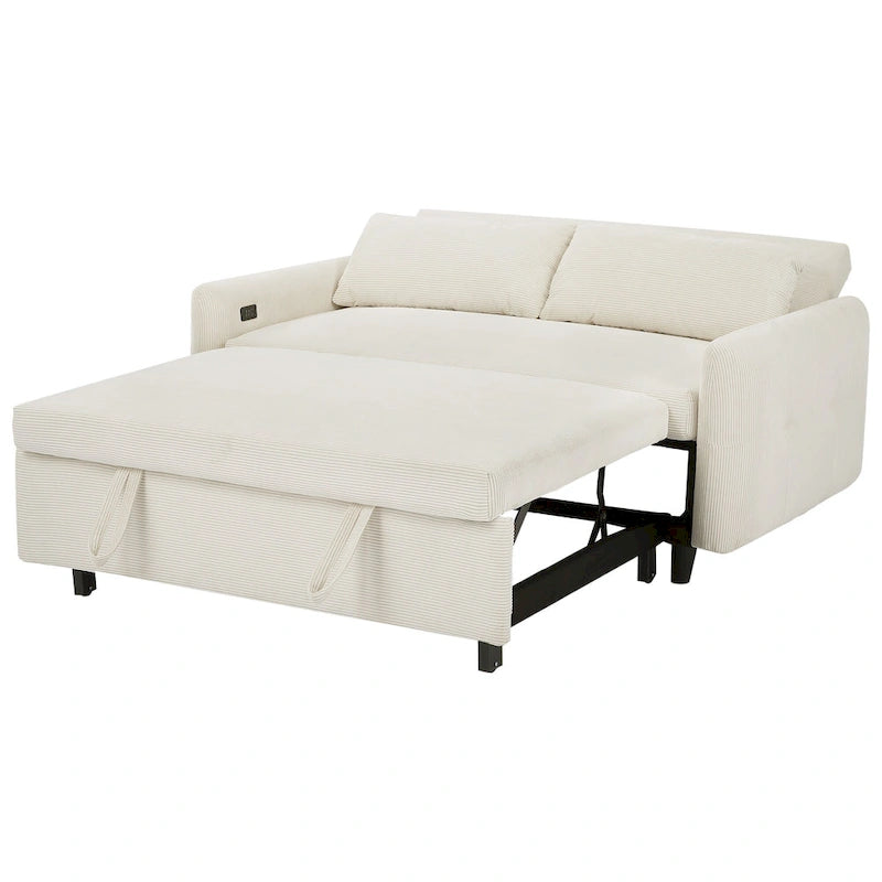 Pull-Out Sofa Bed Convertible 2-Seat Loveseat with Throw Pillows and USB Ports, Modern Sleeper Sofa, Beige
