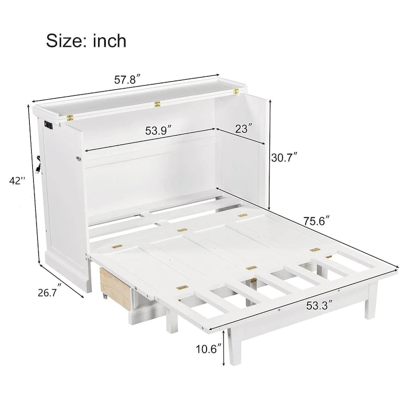 Farmhouse Murphy Bed Convertible Space-Saving Cube Chest Cabinet with Large Drawers and Charging Station, Foldable Platform Bed