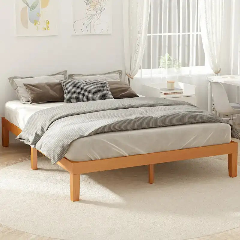 Queen Size Solid Wood Platform Bed with 1000lb Capacity, Under-Bed Storage ( No Headboard)