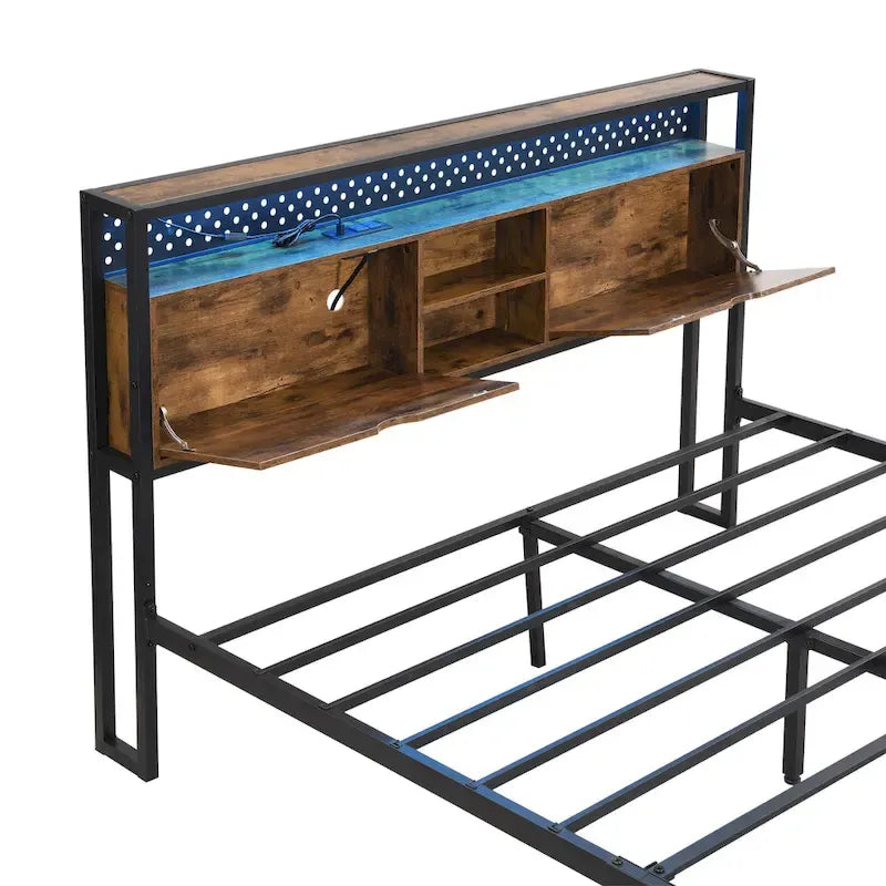 King Size Modern Metal Platform Bed with Wooden Headboard,2 Drawers and LED Lights
