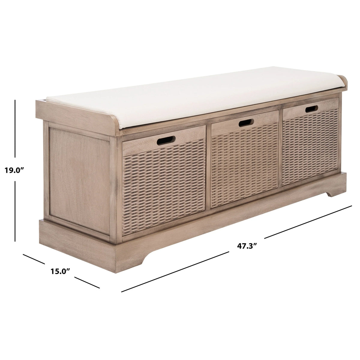 Banc de rangement SAFAVIEH Fiorello avec coussin et 3 tiroirs - 47,3 L x 15 P x 19 H - 47 L x 15 P x 19 H