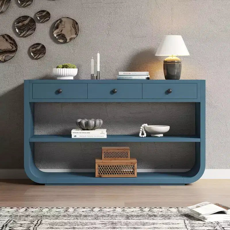 ModernLuxe – Console incurvée, table d'entrée, table de canapé, support d'exposition, table d'appoint avec 3 tiroirs à fermeture douce et 2 étagères ouvertes