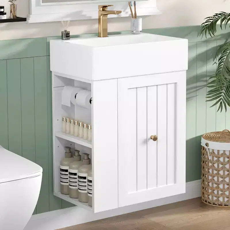 Meuble-lavabo avec évier en céramique, tiroir de rangement en MDF, étagère latérale et poignée dorée
