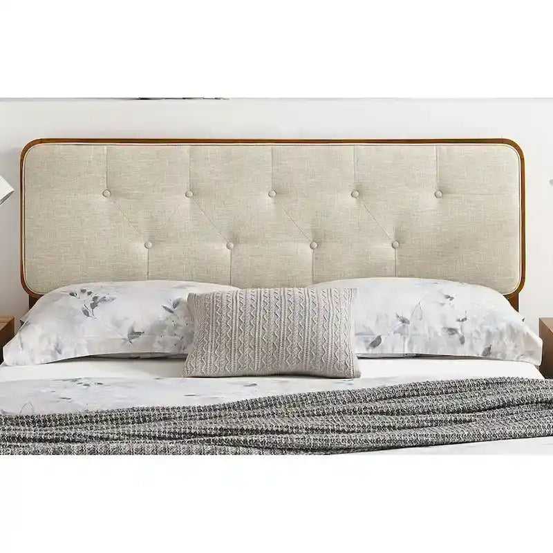 Glendale Traditional Beige Fabric Button Tufted King Walnut Wooden Headboard