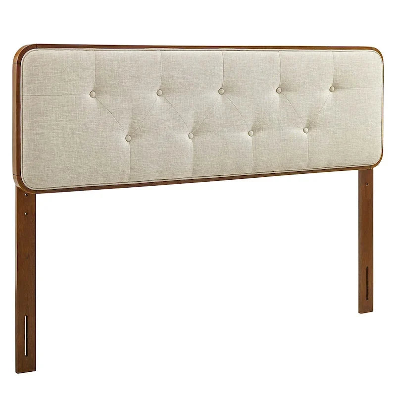 Traditional Beige Fabric Button Tufted King Walnut Wooden Headboard