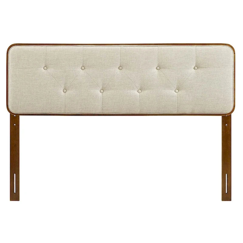 Traditional Beige Fabric Button Tufted King Walnut Wooden Headboard