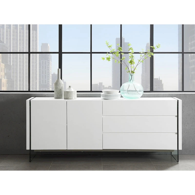 buffet-server in high gloss white lacquer with clear glass.