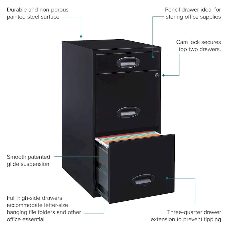 18in. Deep 3 Drawer Metal Organizer File Cabinet with Pencil Drawer, Black