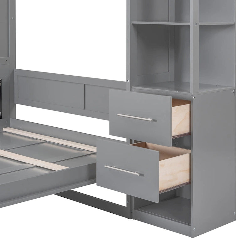 Murphy Bed Wall Bed with Shelves, Drawers and LED Lights